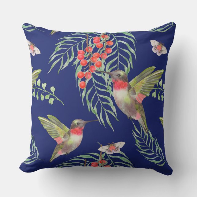 Hummingbirds and Butterflies Blue Tropical Pattern Outdoor Pillow (Front)
