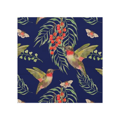 Hummingbirds and Butterflies Blue Tropical Pattern Wood Wall Art