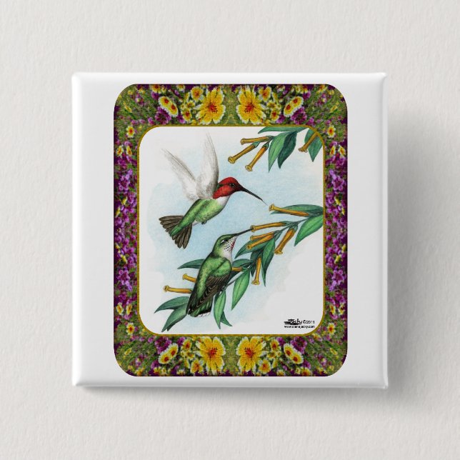 Hummingbirds and Flowers #4 Pinback Button (Front)