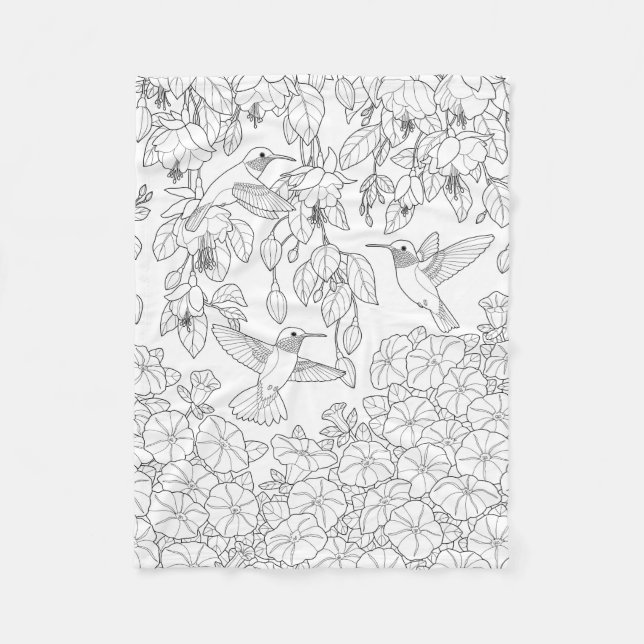 Hummingbirds and Flowers Adult Coloring Page Fleece Blanket (Front)