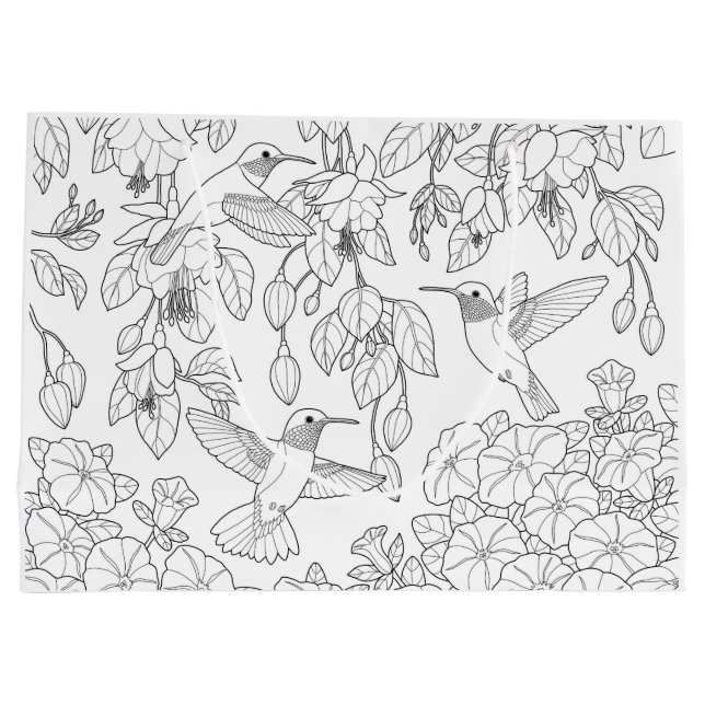 Hummingbirds and Flowers Adult Coloring Page Large Gift Bag (Back)