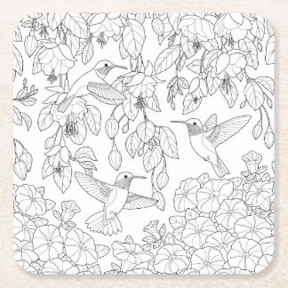 Hummingbirds and Flowers Adult Coloring Page Square Paper Coaster