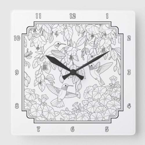 Hummingbirds and Flowers Adult Coloring Page Square Wall Clock
