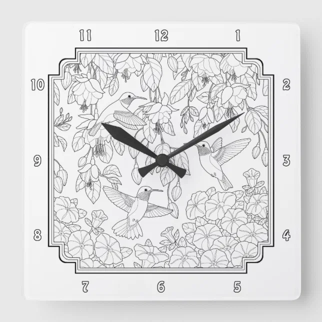 Hummingbirds and Flowers Adult Coloring Page Square Wall Clock | Zazzle