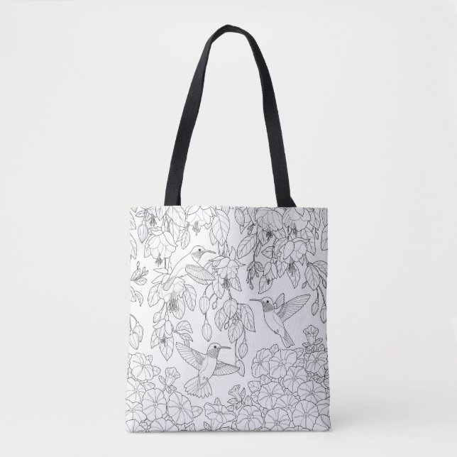 Hummingbirds and Flowers Adult Coloring Page Tote Bag (Front)