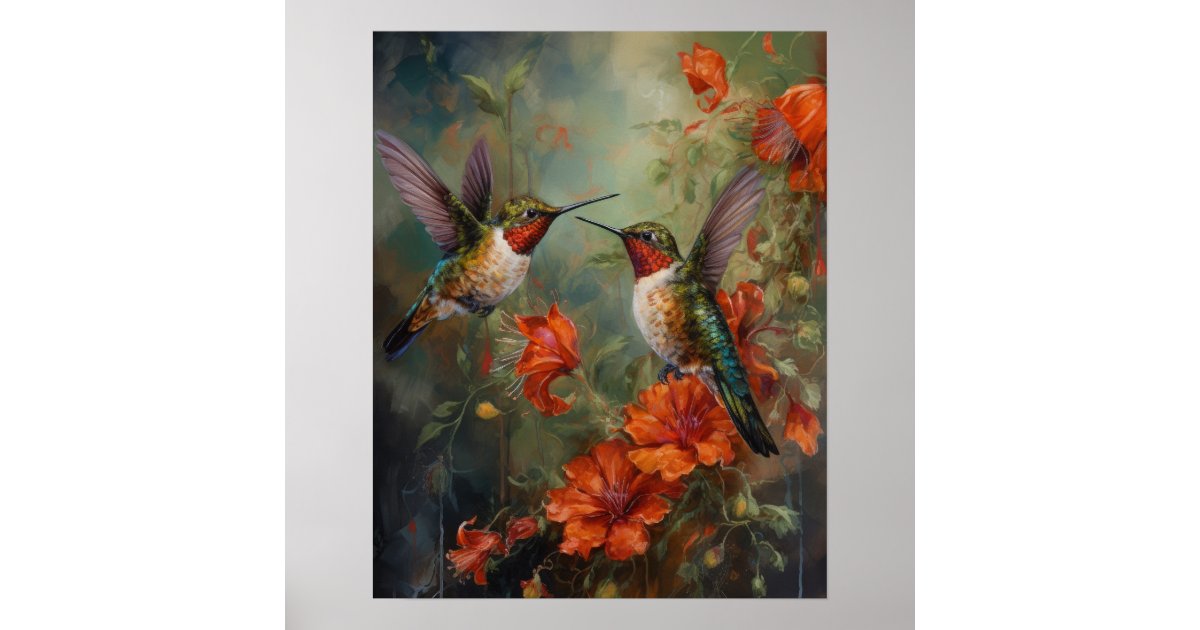 Hummingbirds And Flowers Bird Art Print Poster | Zazzle