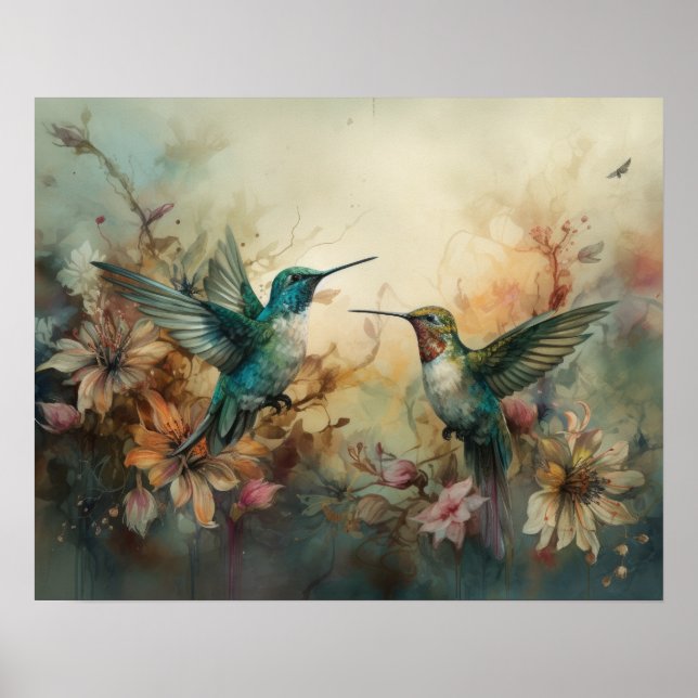 Hummingbirds And Flowers Bird Art Print Poster (Front)