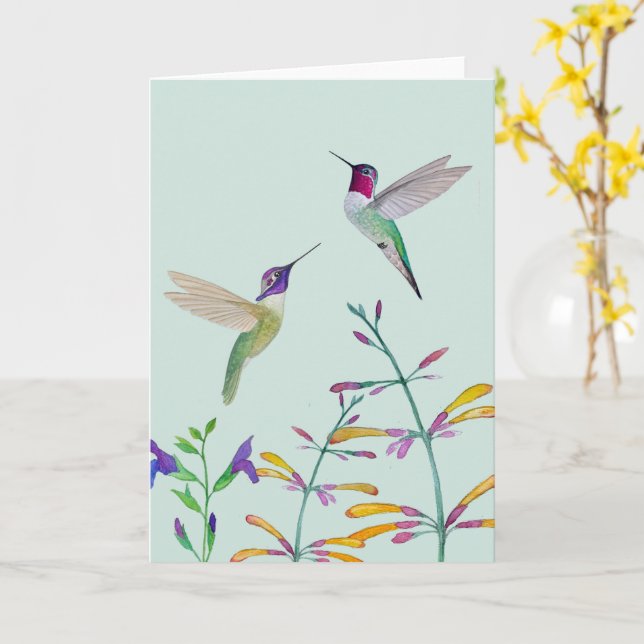 Hummingbirds and Flowers Card (Yellow Flower)
