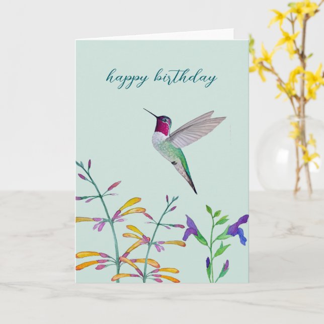 Hummingbirds and Flowers Card (Yellow Flower)