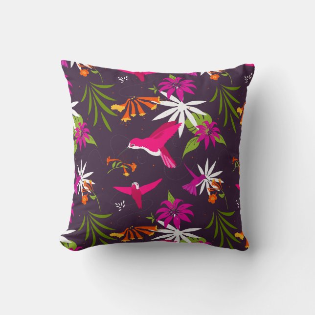Hummingbirds and Flowers Colourful Botanical Throw Pillow (Front)