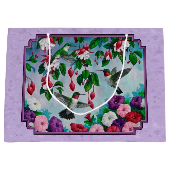 Hummingbirds and Flowers Lavender Large Gift Bag (Front)
