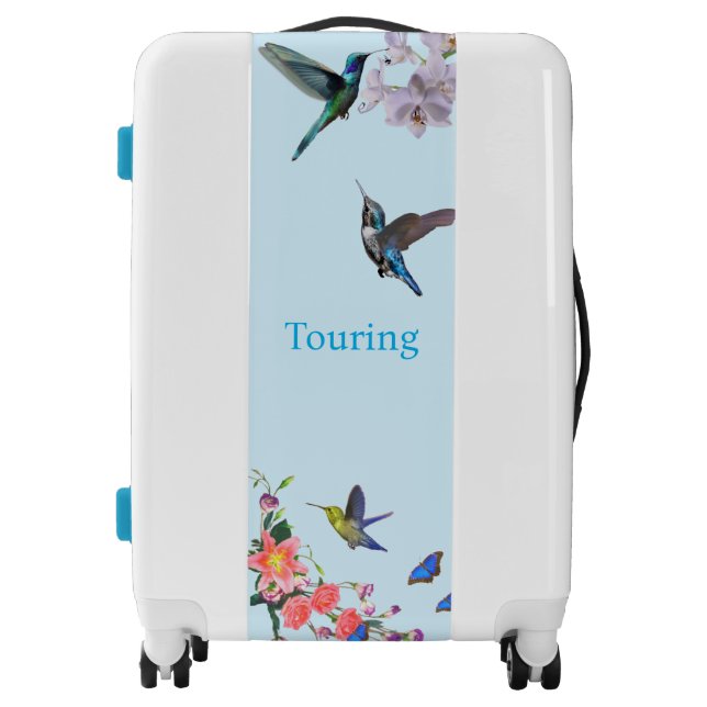 Hummingbirds and Flowers on Light Blue Luggage (Front)