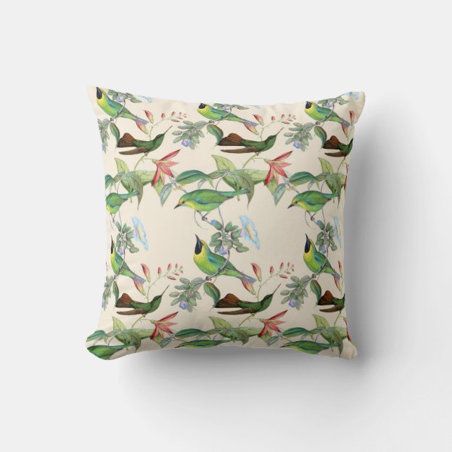 Hummingbirds and Flowers on Light Cream Throw Pillow (Front)