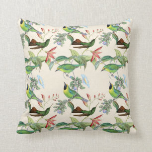Hummingbirds and Flowers on Light Cream Throw Pillow