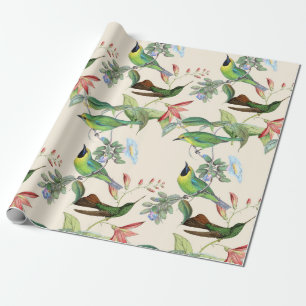 Hummingbirds and Flowers on Light Cream Wrapping Paper