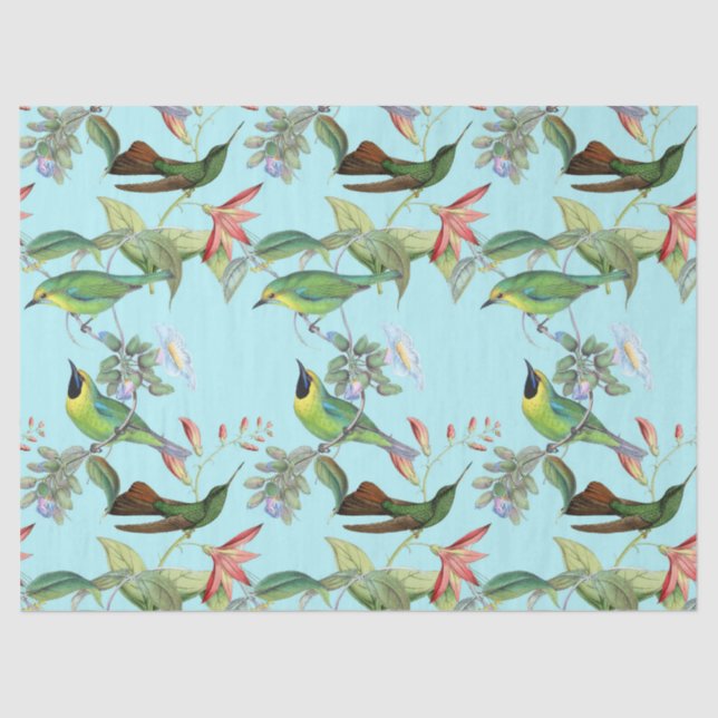 Hummingbirds and Flowers on Light Green Decoupage Tissue Paper (Front)