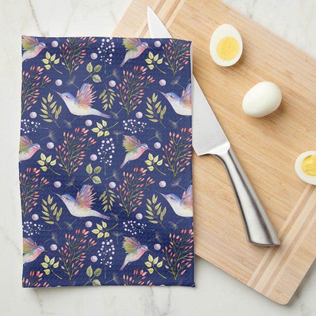 Hummingbirds and Flowers Pattern Custom Background Kitchen Towel (Quarter Fold)