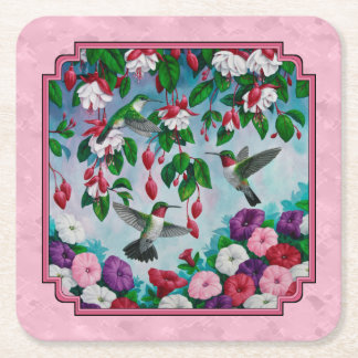 Hummingbirds and Flowers Pink Square Paper Coaster