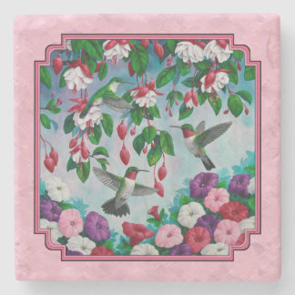 Hummingbirds and Flowers Pink Stone Coaster