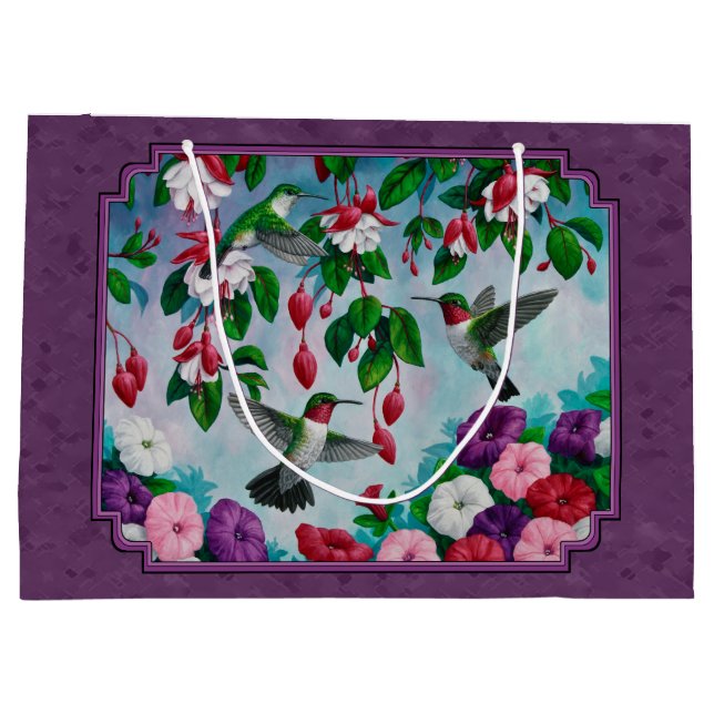 Hummingbirds and Flowers Purple Large Gift Bag (Back)