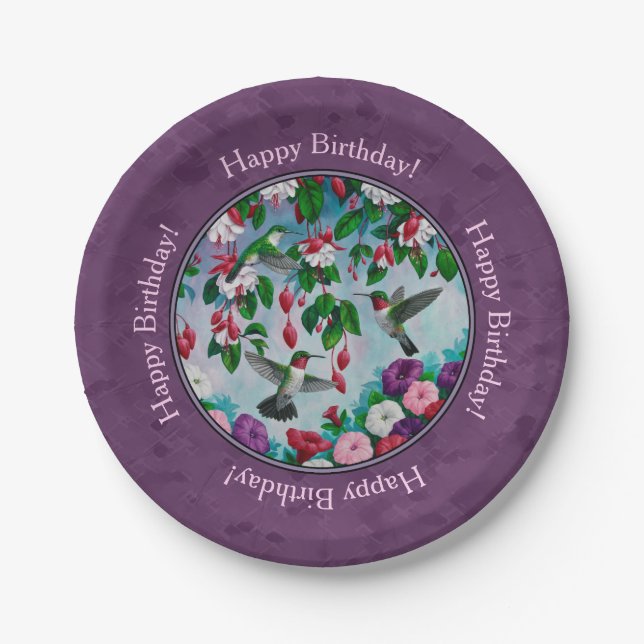 Hummingbirds and Flowers Purple Paper Plates (Front)