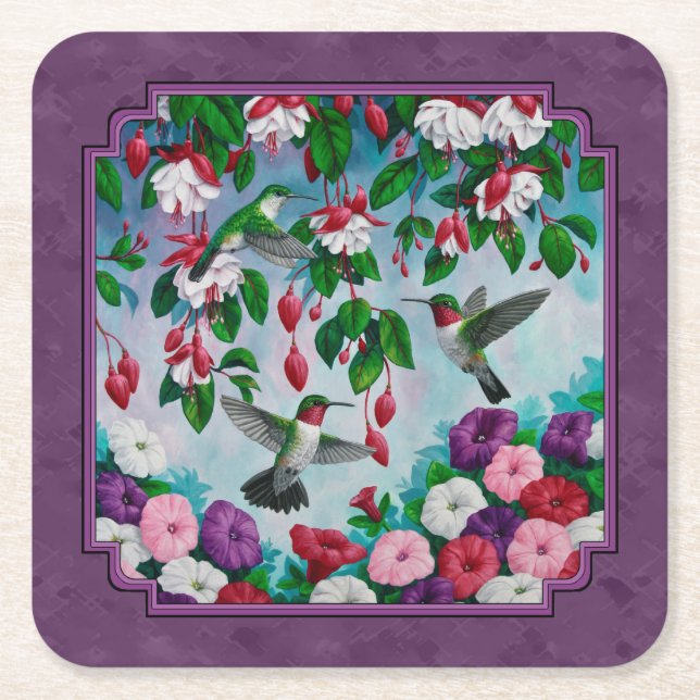 Hummingbirds and Flowers Purple Square Paper Coaster (Front)
