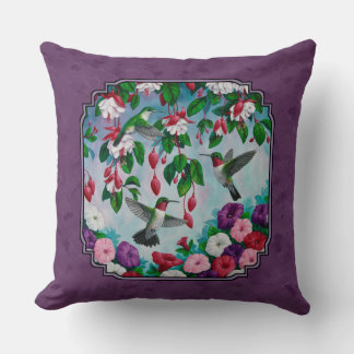 Hummingbirds and Flowers Purple Throw Pillow