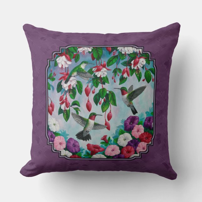 Hummingbirds and Flowers Purple Throw Pillow (Front)