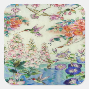 Hummingbirds and flowers stained glass WOW Square Sticker