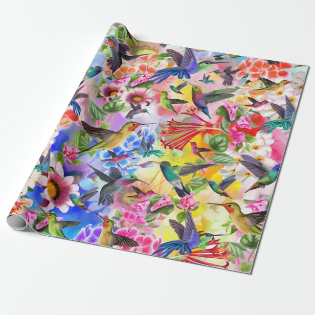 Hummingbirds and Flowers Wrapping Paper (Unrolled)