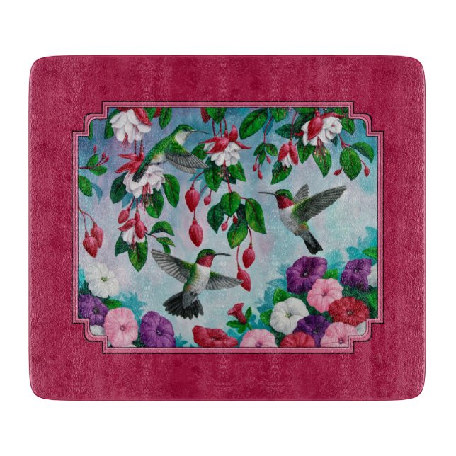 Hummingbirds and Fuchisa Flowers Red Cutting Board (Front)