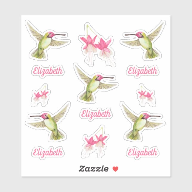 Hummingbirds and Fuchsia Flower Blossoms Vinyl Sticker (Sheet)