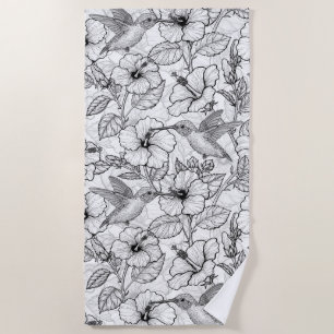 Hummingbirds and hibiscus flowers b&w beach towel