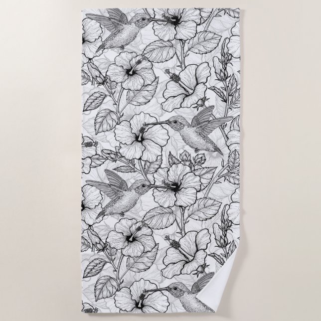 Hummingbirds and hibiscus flowers b&w beach towel (Front)
