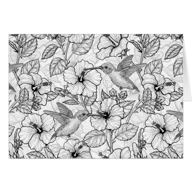 Hummingbirds and hibiscus flowers b&w cards (Front Horizontal)