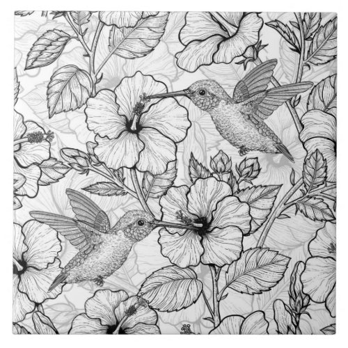 Hummingbirds and hibiscus flowers bw ceramic tile