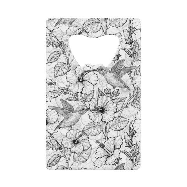 Hummingbirds and hibiscus flowers b&w credit card bottle opener (Front)