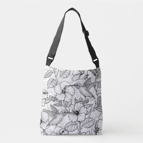 Hummingbirds and hibiscus flowers bw crossbody bag