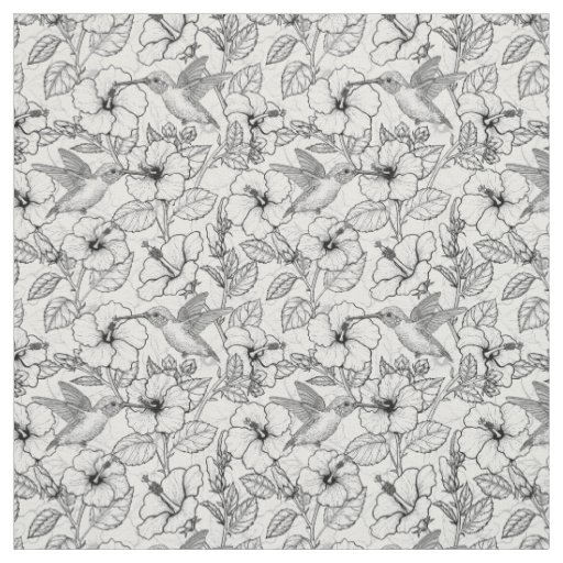 Hummingbirds and hibiscus flowers b&w fabric