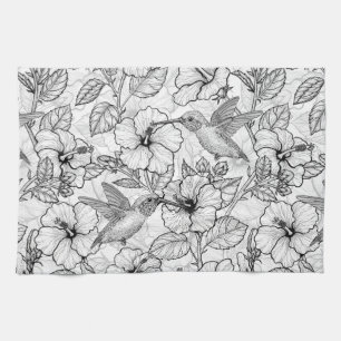 Hummingbirds and hibiscus flowers b&w kitchen towel