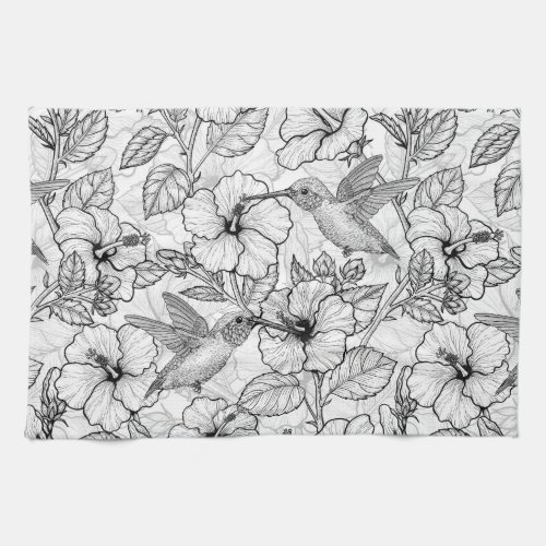 Hummingbirds and hibiscus flowers bw kitchen towel