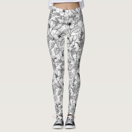 Hummingbirds and hibiscus flowers bw leggings