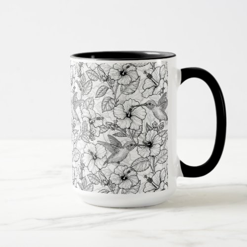 Hummingbirds and hibiscus flowers bw mug