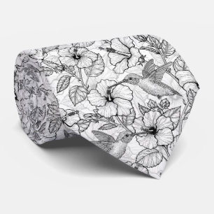 Hummingbirds and hibiscus flowers b&w neck tie