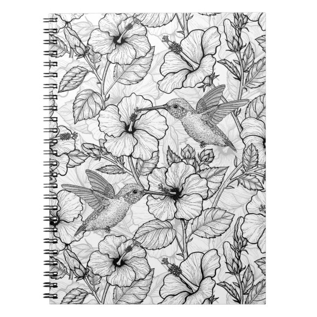 Hummingbirds and hibiscus flowers b&w notebook (Front)