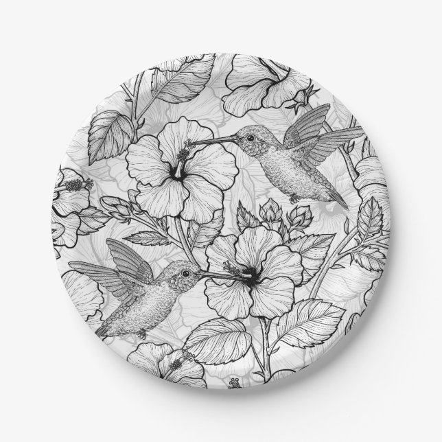 Hummingbirds and hibiscus flowers b&w paper plates (Front)