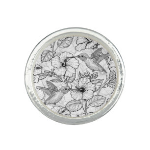 Hummingbirds and hibiscus flowers b&w ring