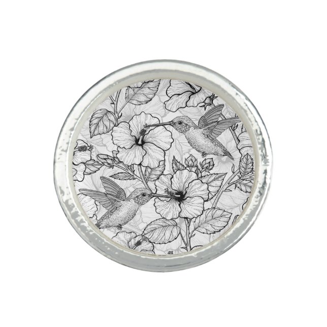 Hummingbirds and hibiscus flowers b&w ring (Front)