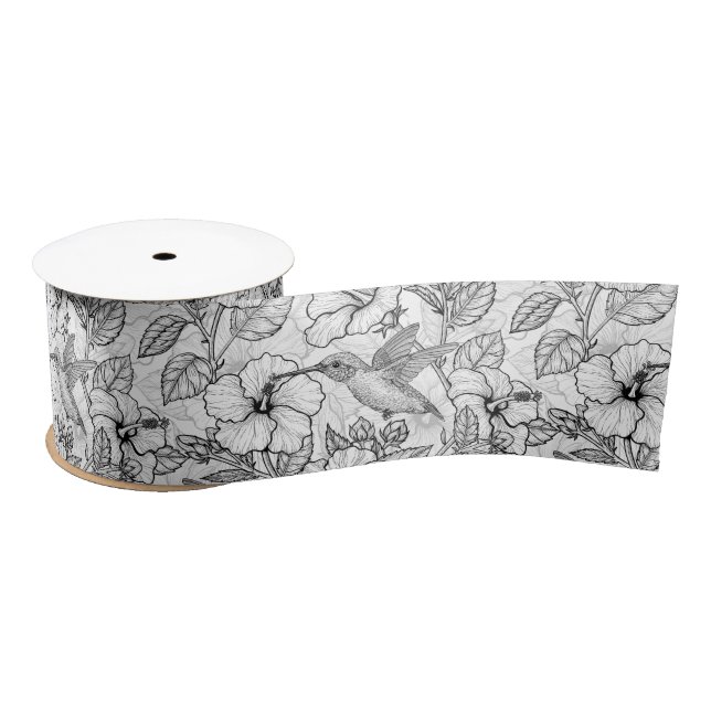 Hummingbirds and hibiscus flowers b&w satin ribbon (Spool)