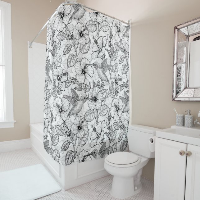 Hummingbirds and hibiscus flowers b&w shower curtain (In Situ)